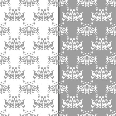 Beyaz ve gri çiçek arka planlar. Tekstil ve duvar kağıtları için dikişsiz desen seti