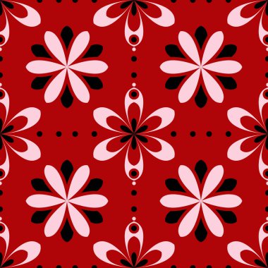 Sorunsuz kırmızı arka plan siyah ve beyaz tasarım öğeleri ile. Desen duvar kağıtları, Tekstil ve kumaş için