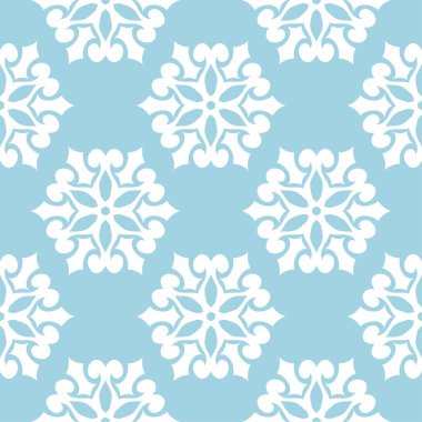 Mavi zemin üzerine beyaz çiçek süsleme. Tekstil ve duvar kağıtları için seamless modeli