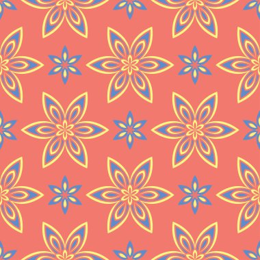 Çiçek tasarım seamless modeli. Duvar kağıtları ve Tekstil için somon kırmızı zemin üzerine parlak sarı ve mavi çiçek öğeleri