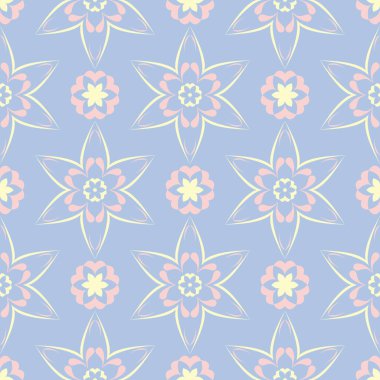 Çiçek seamless modeli. Soluk mavi arka plan duvar kağıtları, Tekstil ve kumaş için bej ve pembe çiçek öğeleri ile