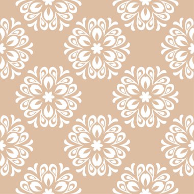 Bej renkli arka plan üzerinde beyaz çiçek süsleme. Tekstil ve duvar kağıtları için seamless modeli