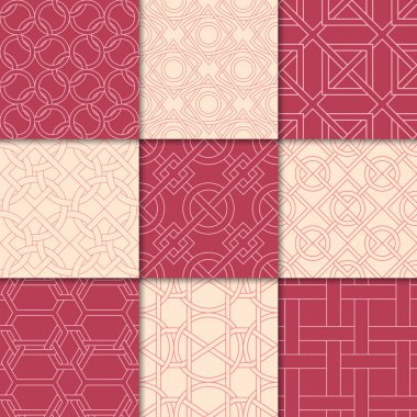 Kiraz kırmızı ve bej geometrik süsler. Web, Tekstil ve duvar kağıtları için dikişsiz desen koleksiyonu