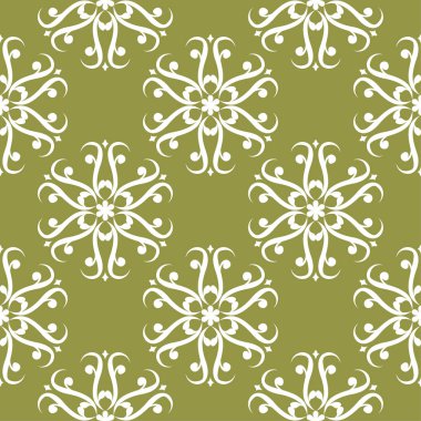 Zeytin yeşil zemin üzerine beyaz çiçek süsleme. Tekstil ve duvar kağıtları için seamless modeli