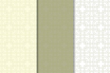 Zeytin yeşili ve beyaz geometrik süsler. Web, Tekstil ve duvar kağıtları için dikey Dikişsiz desen seti