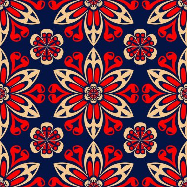 Çiçek sorunsuz ile mavi arka plan kırmızı ve bej desen. Arka plan duvar kağıtları, Tekstil ve kumaş için