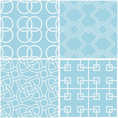 Geometrik desenler. Mavi ve beyaz sorunsuz arka planlar kümesi. Vektör çizim