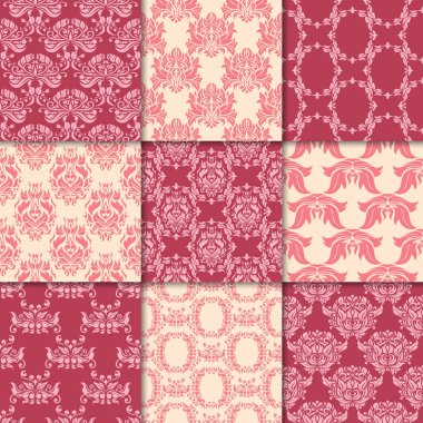 Kiraz kırmızı ve bej çiçekli süsler. Kağıt için dikişsiz desen koleksiyonu Tekstil