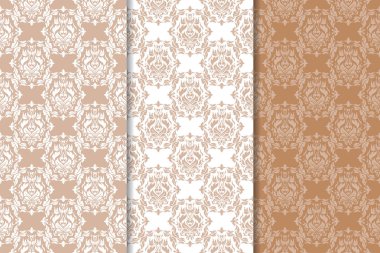 Çiçek süsler kümesi. Kahverengi, bej ve beyaz Dikişsiz desen Tekstil ve duvar kağıtları için