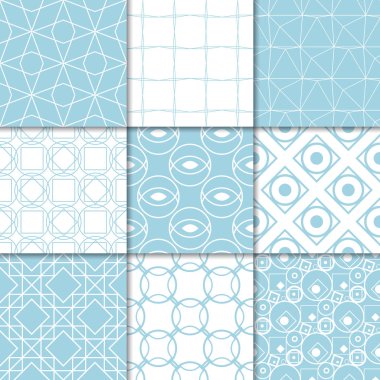 Mavi ve beyaz geometrik süsler. Web, Tekstil ve duvar kağıtları için dikişsiz desen koleksiyonu