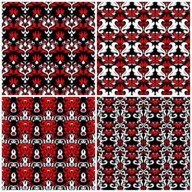 Sorunsuz arka planlar. Siyah beyaz ve kırmızı klasik duvar kağıtları, Tekstil ve kumaş çiçek desenleri ile ayarlar