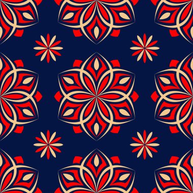 Çiçek sorunsuz ile mavi arka plan kırmızı ve bej desen. Arka plan duvar kağıtları, Tekstil ve kumaş için