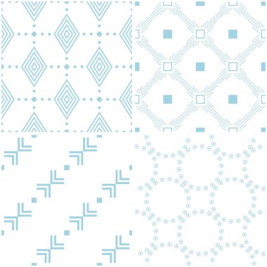 Geometrik desenler. Beyaz mavi öğeleri kümesi. Sorunsuz arka planlar. Vektör çizim