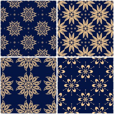 Çiçek desenleri. Altın mavi sorunsuz arka planlar kümesi. Vektör illustraton