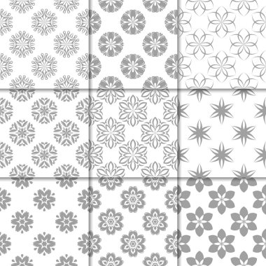 Gri ve beyaz çiçekli süsler. Kağıt için tarafsız Dikişsiz desen koleksiyonu Tekstil