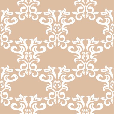 Bej renkli arka plan üzerinde beyaz çiçek süs tasarım. Tekstil ve duvar kağıtları için seamless modeli