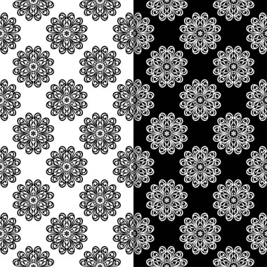 Siyah ve beyaz çiçek arka planlar. Tekstil ve duvar kağıtları için dikişsiz desen seti
