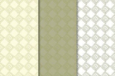 Zeytin yeşili ve beyaz geometrik süsler. Web, Tekstil ve duvar kağıtları için dikey Dikişsiz desen seti