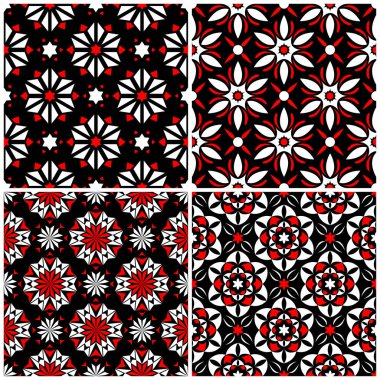 Sorunsuz arka planlar. Siyah beyaz ve kırmızı klasik duvar kağıtları, Tekstil ve kumaş çiçek desenleri ile ayarlar