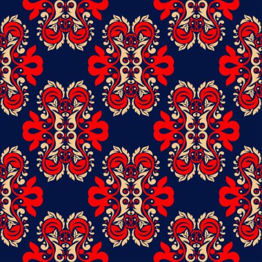 Kesintisiz mavi arka plan. Çiçek bej ve kırmızı desenli duvar kağıtları ve tekstil