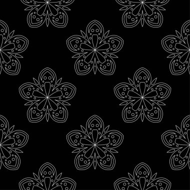 Siyah arka plan üzerine beyaz çiçek süsleme. Tekstil ve duvar kağıtları için seamless modeli