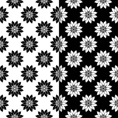 Siyah ve beyaz çiçek arka planlar. Tekstil ve duvar kağıtları için dikişsiz desen seti