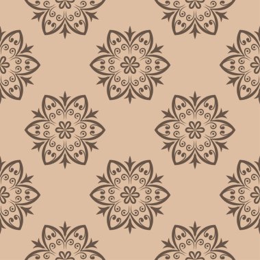 Bej renkli arka plan üzerinde kahverengi çiçek tasarım. Tekstil ve duvar kağıtları için seamless modeli