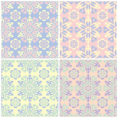 Soluk renkli kesintisiz arka plan duvar kağıtları, Tekstil ve kumaş çiçek desenleri ile set