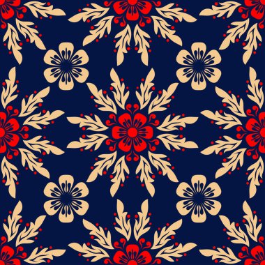 Kesintisiz mavi arka plan. Çiçek bej ve kırmızı desenli duvar kağıtları ve tekstil