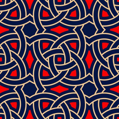 Geometrik mavi sorunsuz arka plan. Kırmızı ve bej renkli desen. Duvar kağıtları ve tekstil tasarım