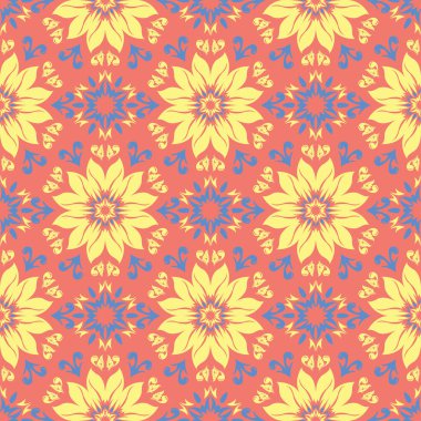 Çiçek kırmızı seamless modeli. Arka plan duvar kağıtları, Tekstil ve kumaş için sarı ve mavi çiçek öğeleri ile parlak renkli