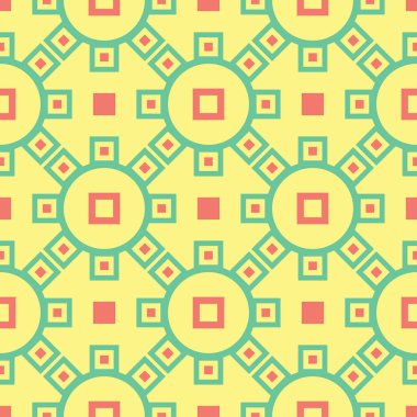Geometrik şekilli elemanları ile sorunsuz arka plan. Parlak sarı arka plan duvar kağıtları, Tekstil ve kumaş için pembe ve yeşil tasarım ile
