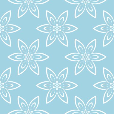 Mavi zemin üzerine beyaz çiçek süsleme. Tekstil ve duvar kağıtları için seamless modeli