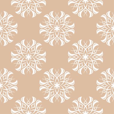 Bej renkli arka plan üzerinde beyaz çiçek süsleme. Tekstil ve duvar kağıtları için seamless modeli