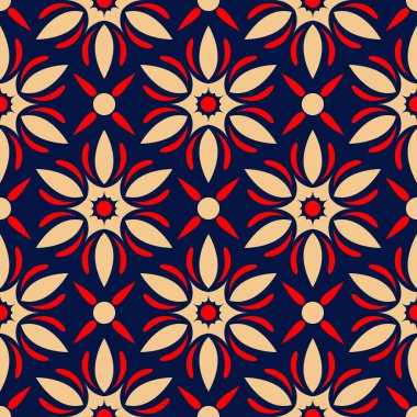 Çiçek sorunsuz arka plan. Duvar kağıtları, Tekstil ve kumaş için mavi arka plan üzerinde kırmızı ve bej çiçek öğeleri