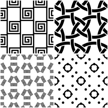 Geometrik desenler. Siyah beyaz tek renkli kesintisiz arka planlar kümesi. Vektör çizim