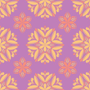 Menekşe çiçek sorunsuz arka plan. Duvar kağıtları, Tekstil ve kumaş için pembe ve sarı parlak desen