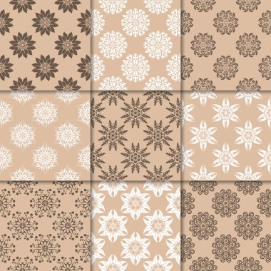 Kahverengi Bej çiçekli süsler. Kağıt için dikişsiz desen koleksiyonu Tekstil
