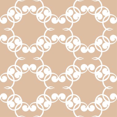 Bej renkli arka plan üzerinde beyaz çiçek süsleme. Tekstil ve duvar kağıtları için seamless modeli