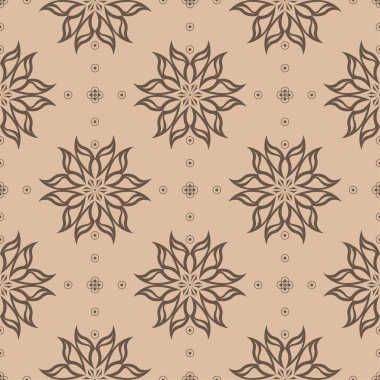 Bej renkli arka plan üzerinde kahverengi çiçek süsleme. Tekstil ve duvar kağıtları için seamless modeli