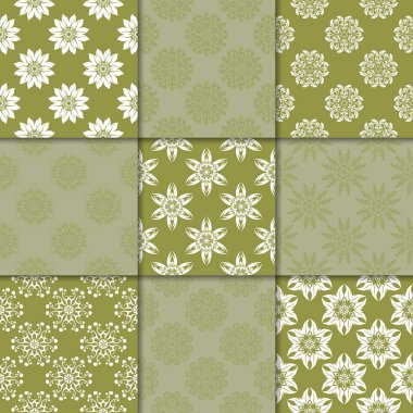 Zeytin Yeşil çiçekli süsler. Kağıt için dikişsiz desen koleksiyonu Tekstil