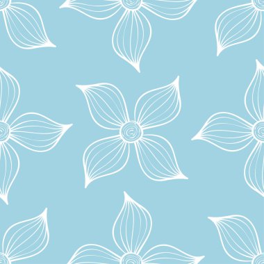 Mavi zemin üzerine beyaz çiçek süsleme. Tekstil ve duvar kağıtları için seamless modeli