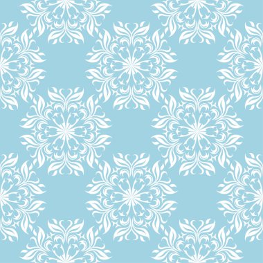 Mavi zemin üzerine beyaz çiçek süsleme. Tekstil ve duvar kağıtları için seamless modeli