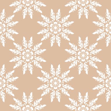 Bej renkli arka plan üzerinde beyaz çiçek süsleme. Tekstil ve duvar kağıtları için seamless modeli