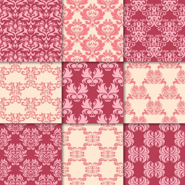 Kiraz kırmızı ve bej çiçekli süsler. Kağıt için dikişsiz desen koleksiyonu Tekstil