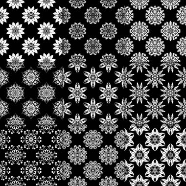 Siyah ve beyaz çiçekli süsler. Koleksiyon için kağıt, tek renkli Dikişsiz desen Tekstil