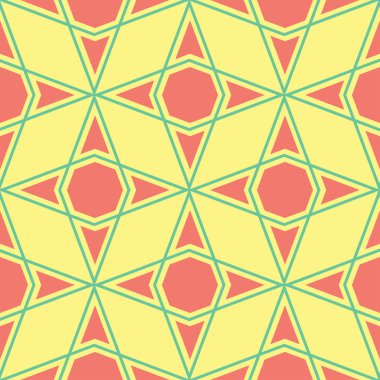 Geometrik sarı seamless modeli. Renkli arka plan duvar kağıtları, Tekstil ve kumaş için pembe ve yeşil tasarım ile
