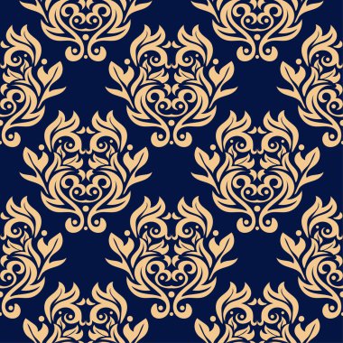 Koyu mavi zemin üzerine altın çiçek süsleme. Tekstil ve duvar kağıtları için seamless modeli