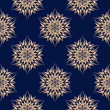 Koyu mavi zemin üzerine altın çiçek tasarım. Tekstil ve duvar kağıtları için seamless modeli