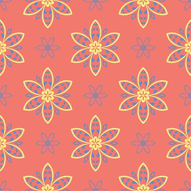 Çiçek seamless modeli. Parlak pembe turuncu arka plan duvar kağıtları, Tekstil ve kumaş için sarı ve mavi çiçek öğeleri ile